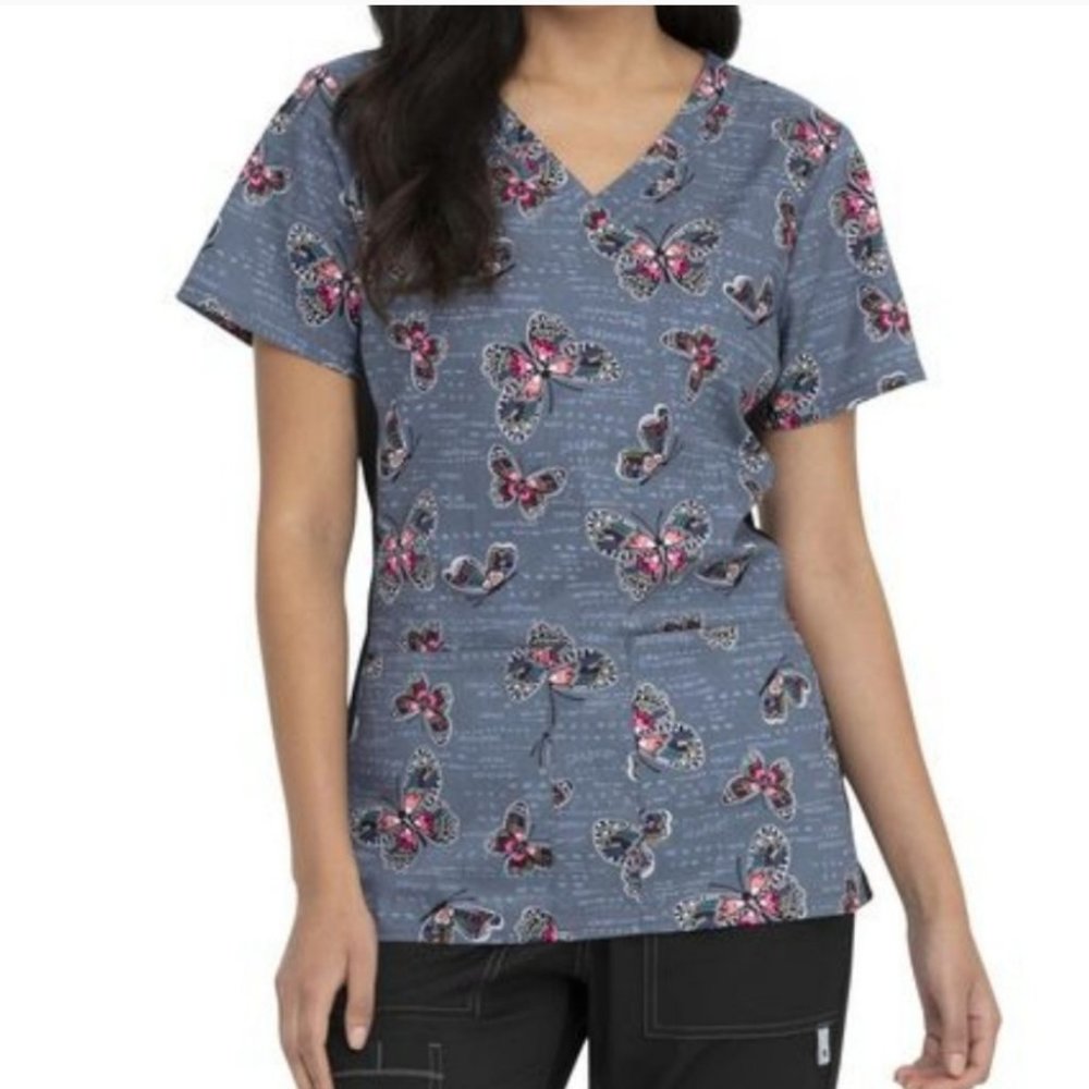 Medical uniform scrub top nurses top butterfly print stretch sides